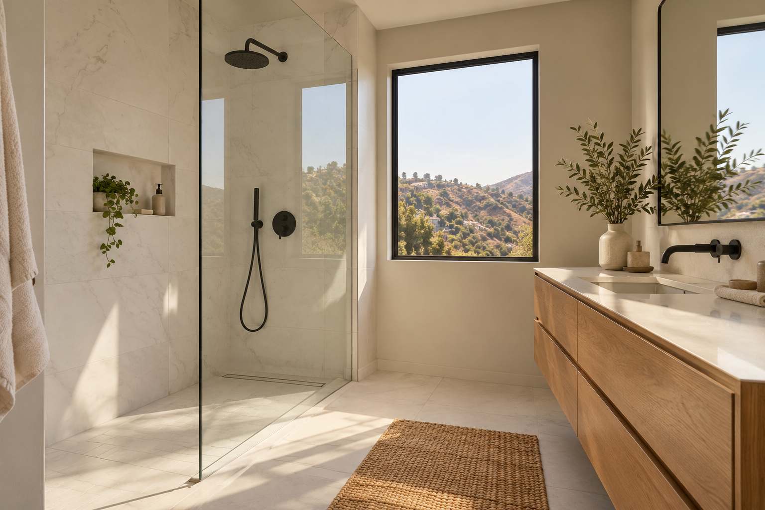 Bathroom with a walk-in tiled shower, glass panel and floating wood vanity