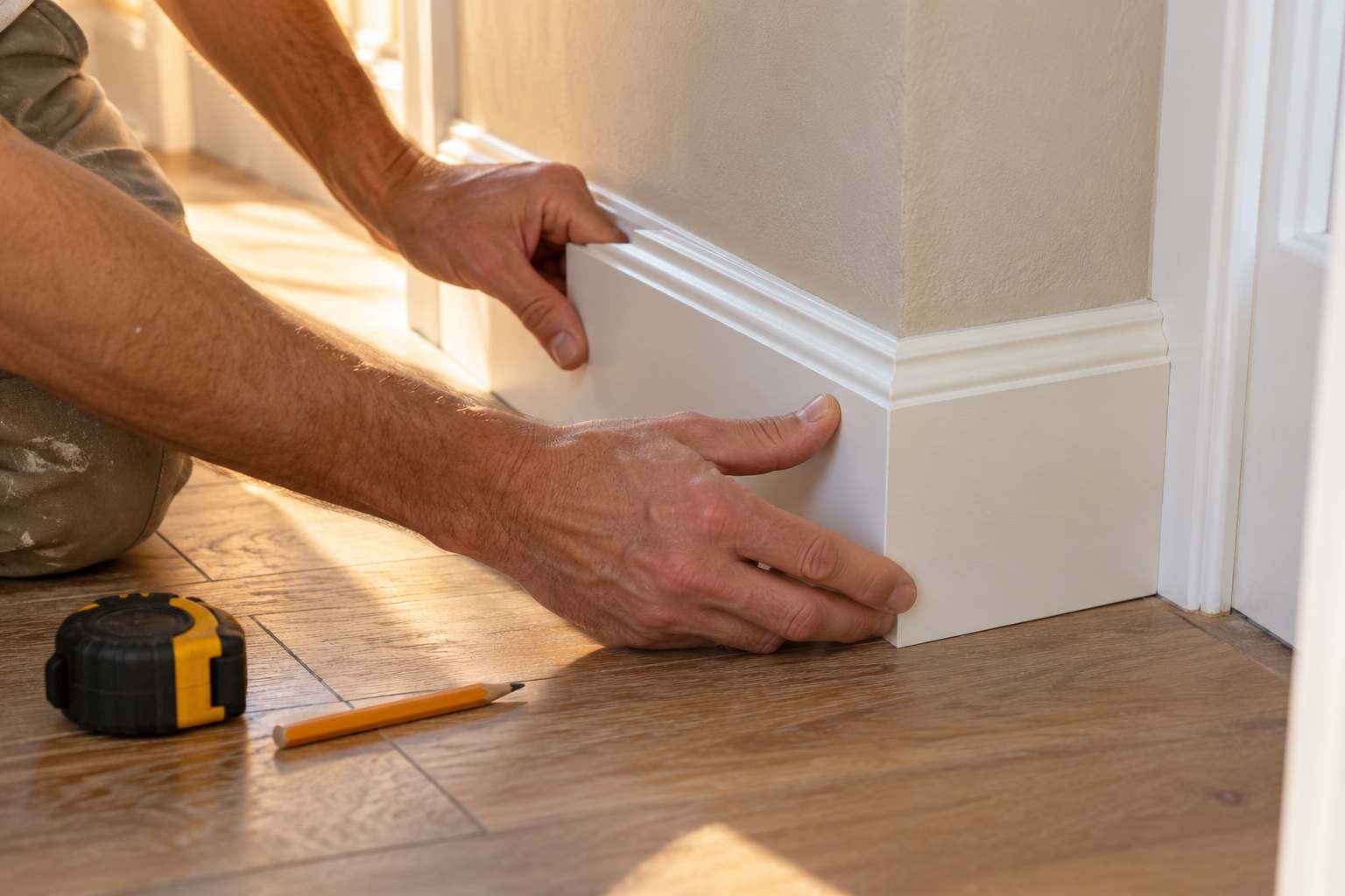 Hands fitting a mitered piece of white baseboard trim against a wall