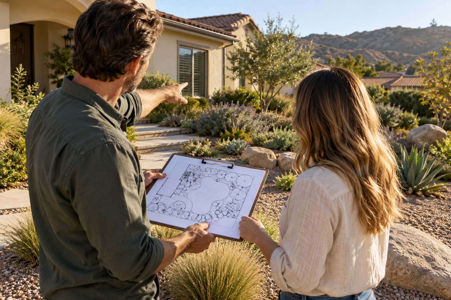 Two people in a front yard looking over a hand-drawn landscape plan on a clipboard