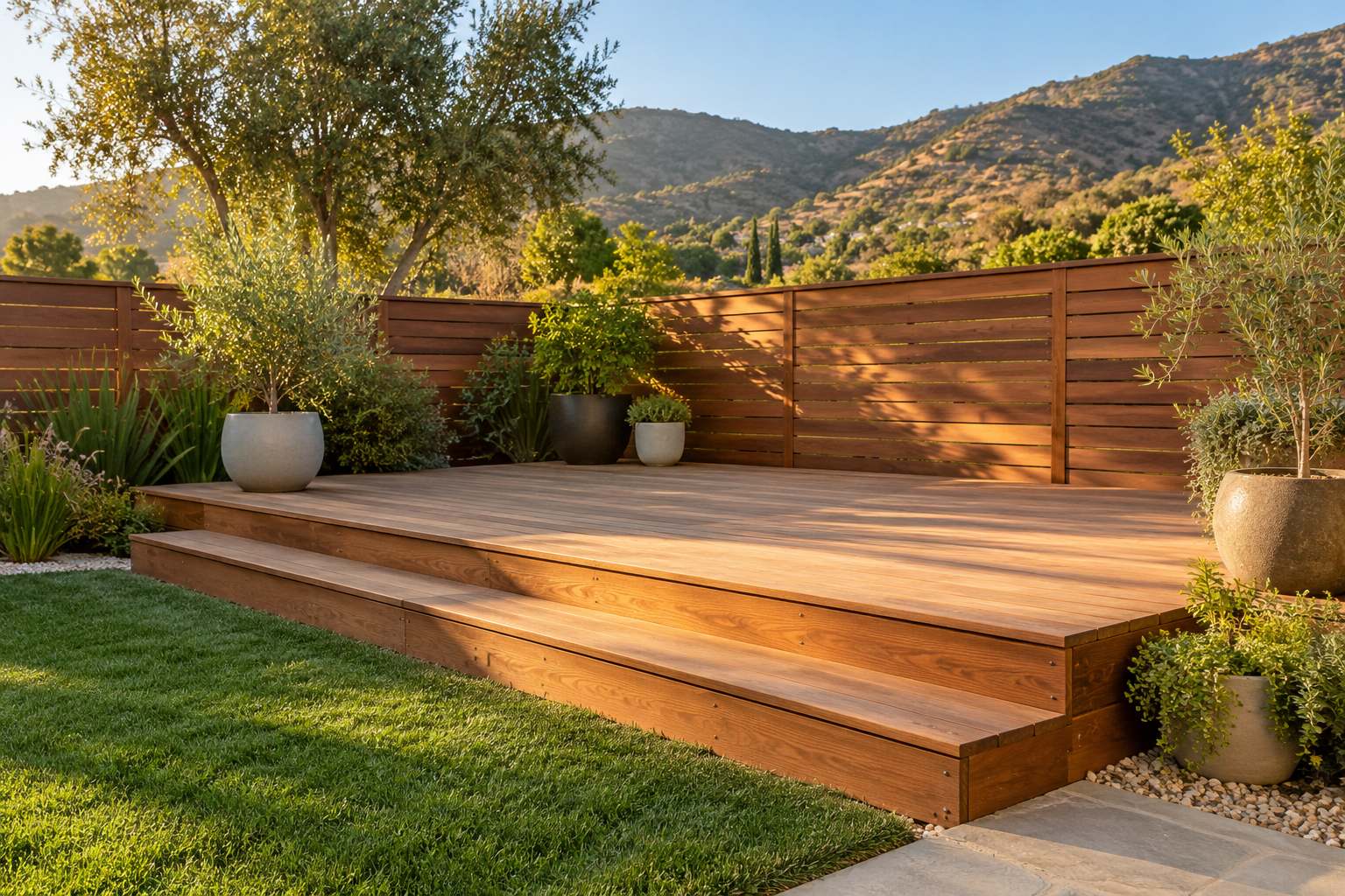 Low wood deck with wide steps beside a horizontal-slat cedar fence