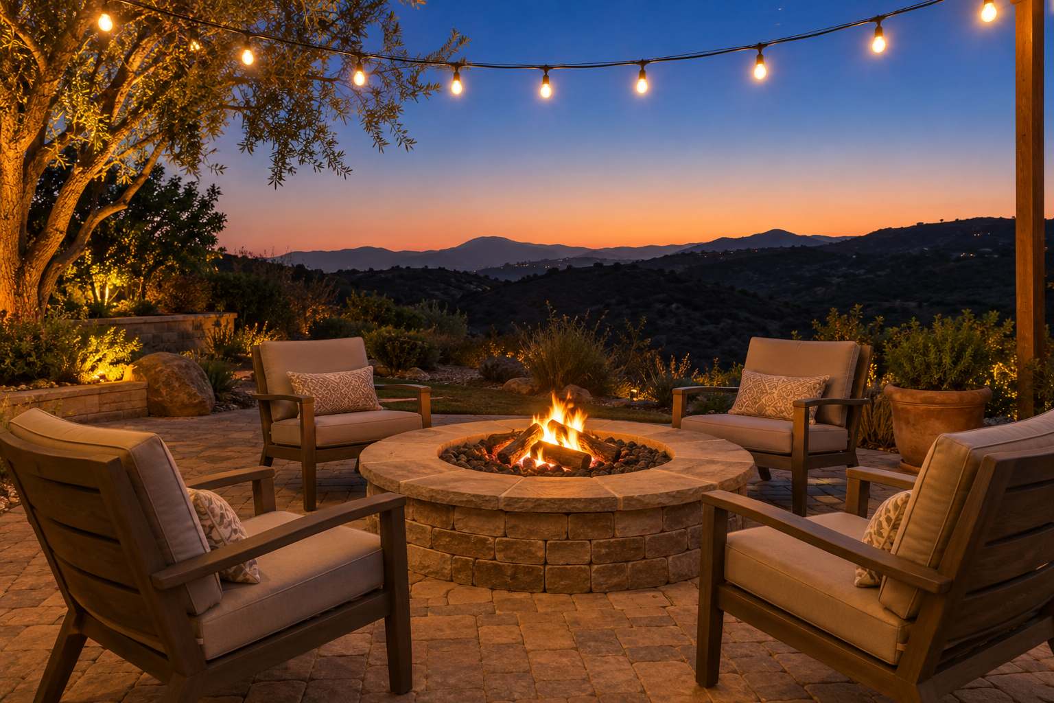 Stone fire pit with a small fire surrounded by four lounge chairs at dusk