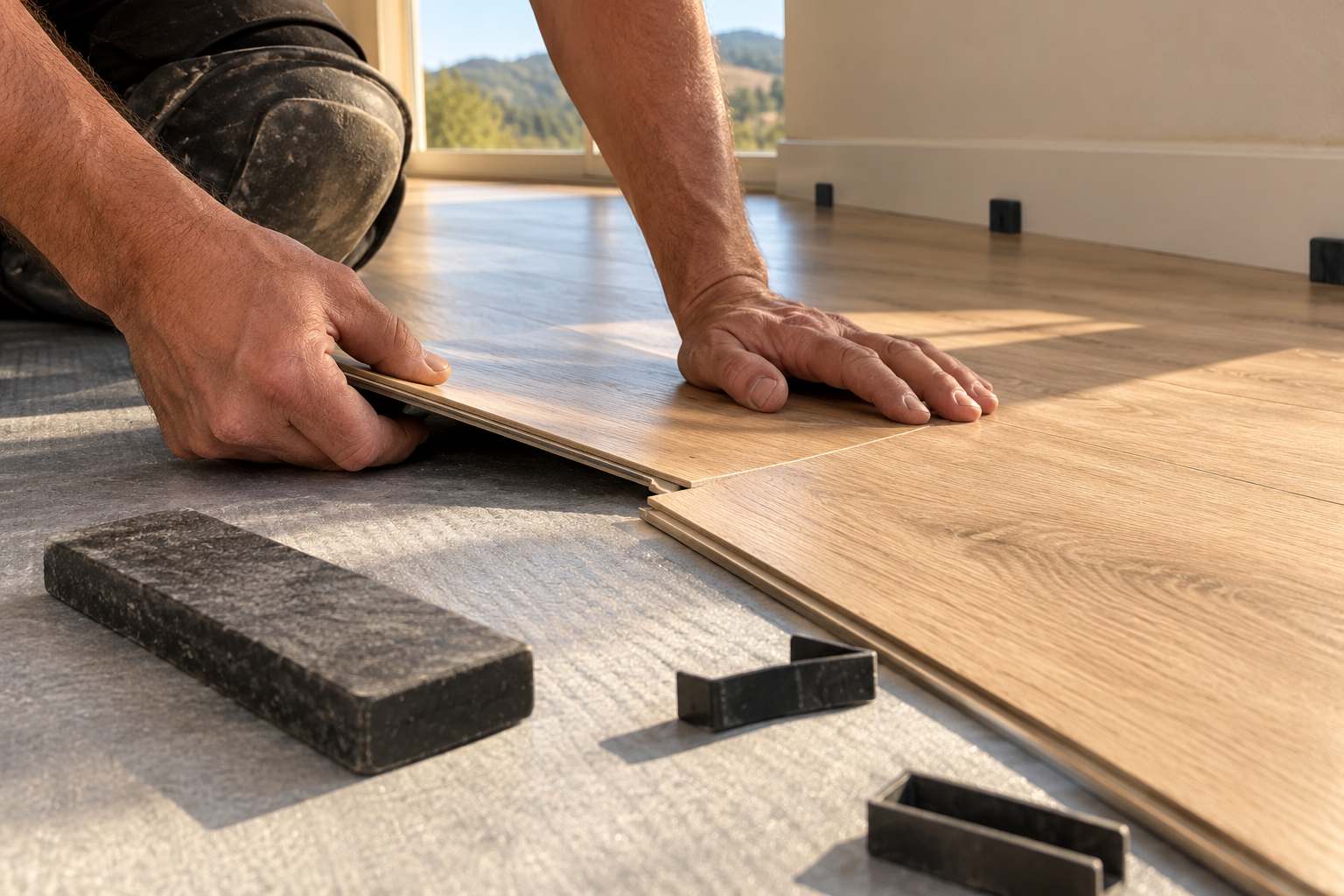 Hands clicking a light oak vinyl plank into place on a floor