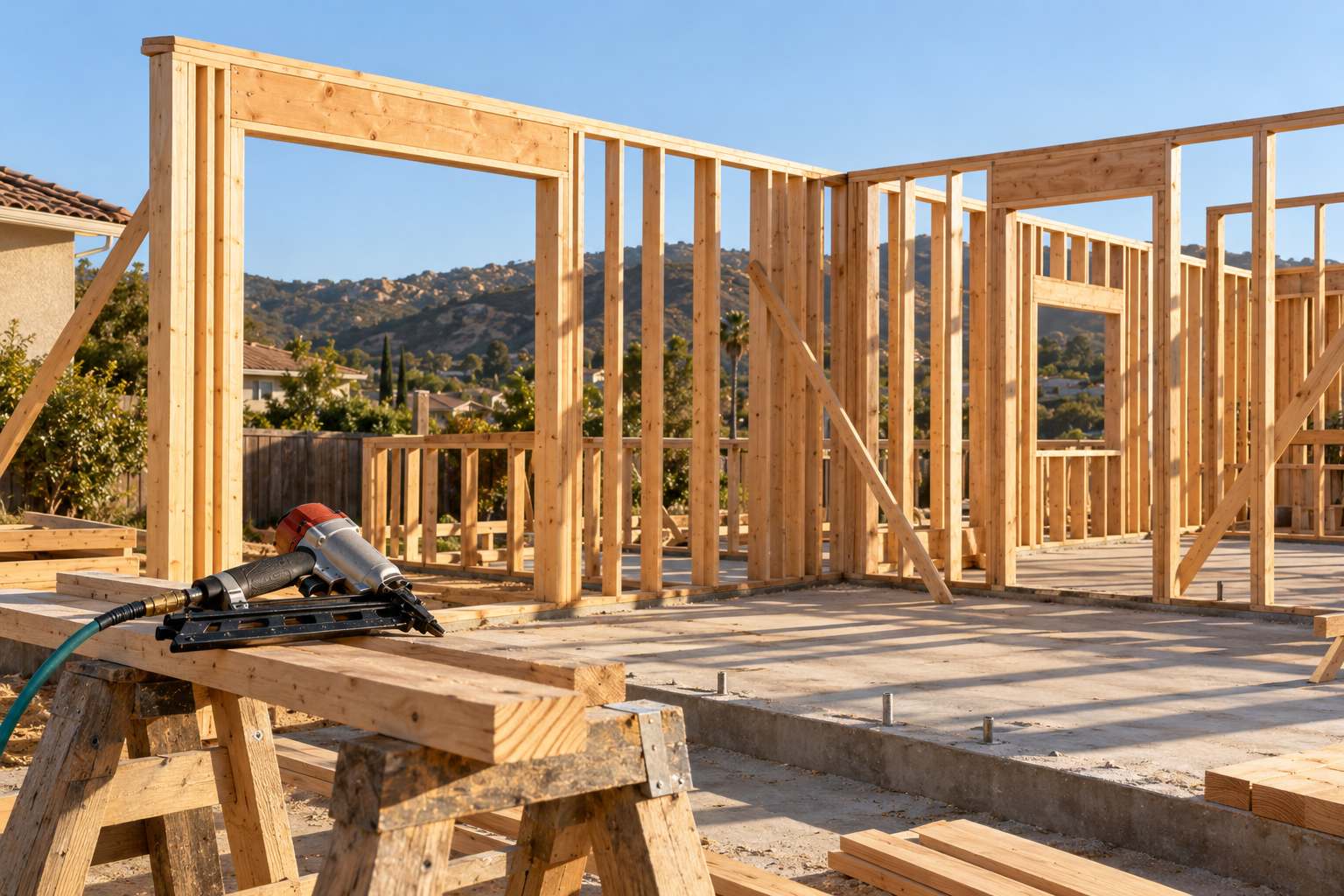 Wood stud framing for a single-story addition under a clear sky