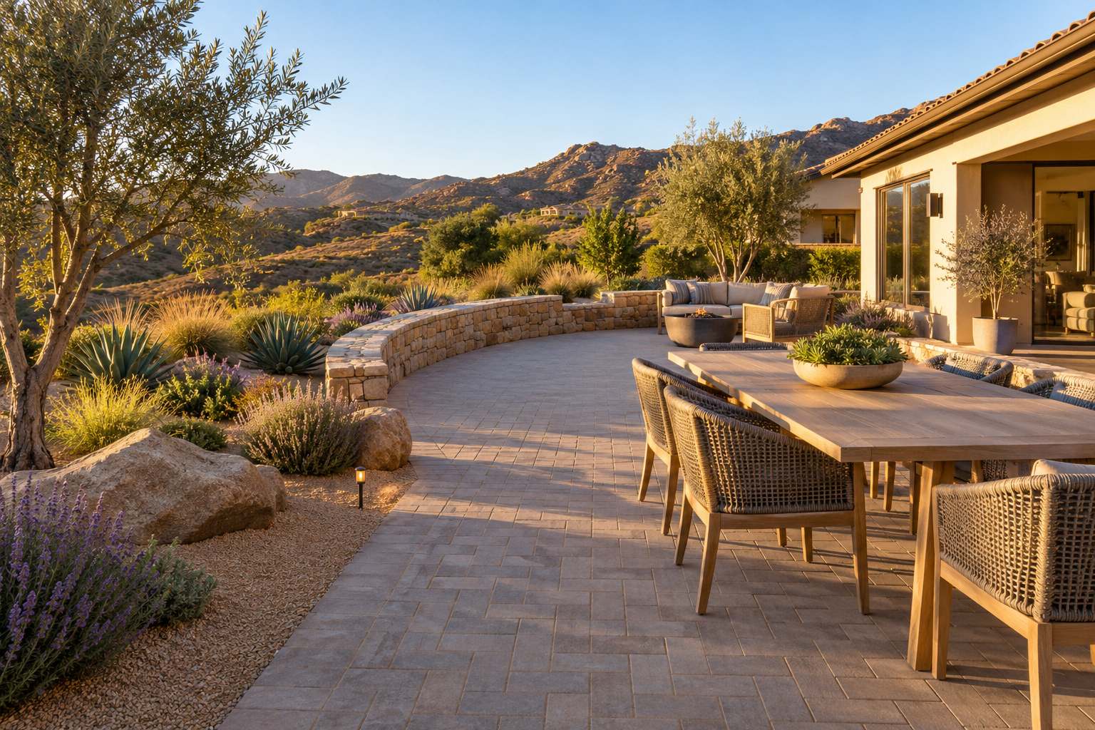 Paver patio with a curved stone seat wall, dining table and drought-tolerant plants