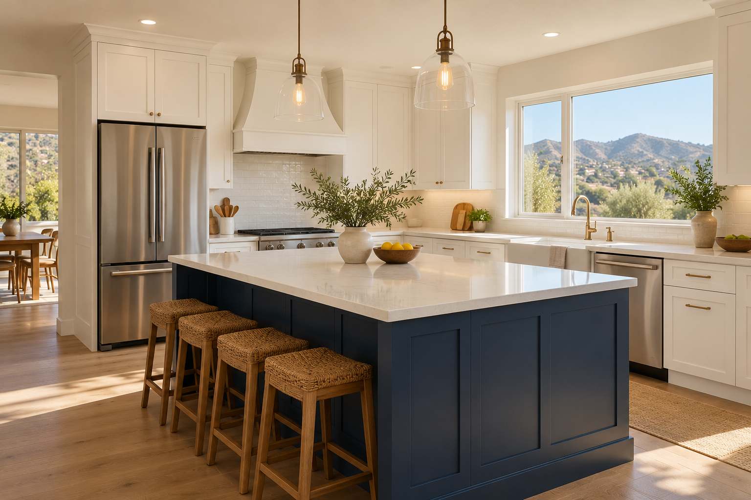 Remodeled kitchen with white shaker cabinets and a navy island