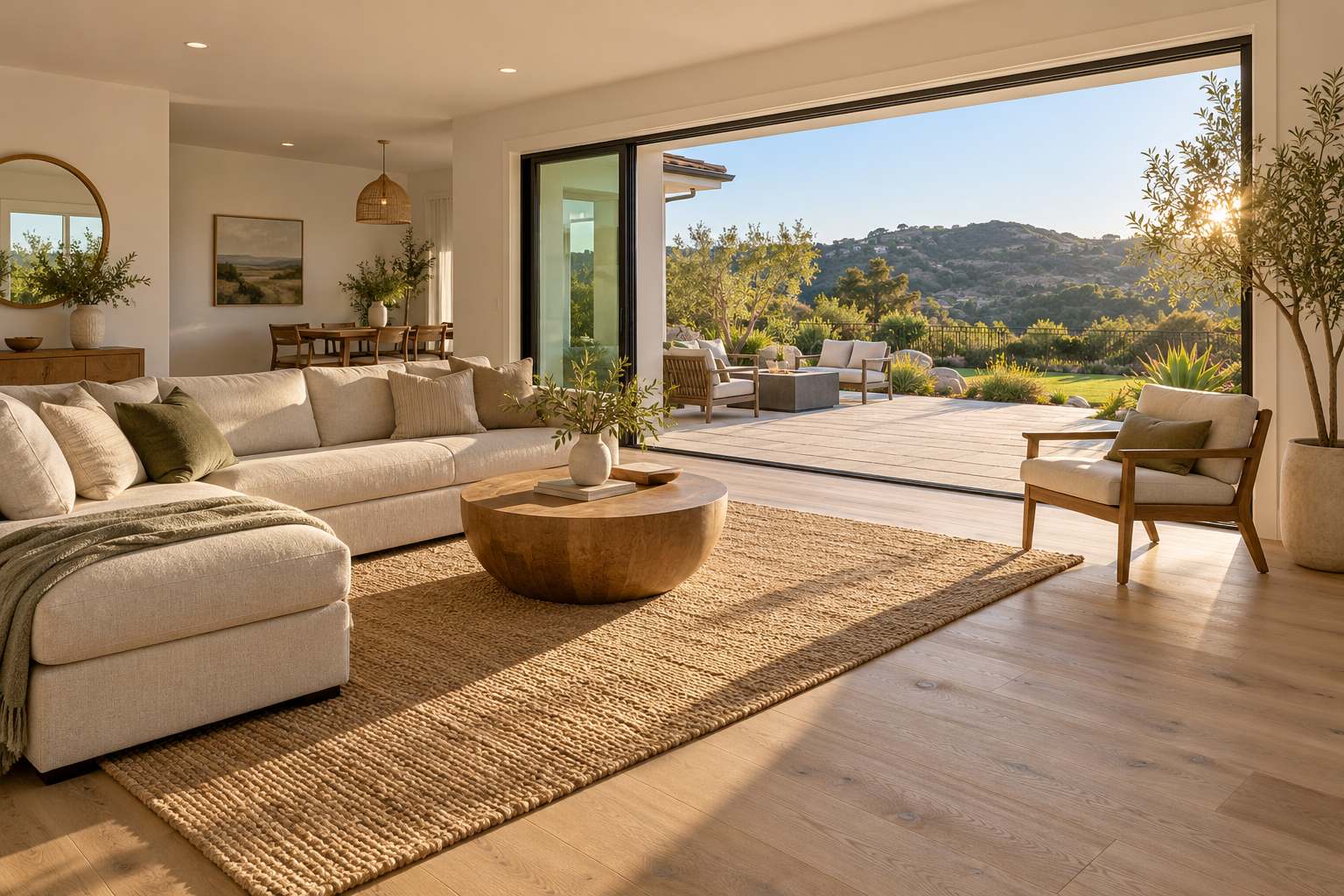 Remodeled living room with light oak floors and sliding doors open to a patio