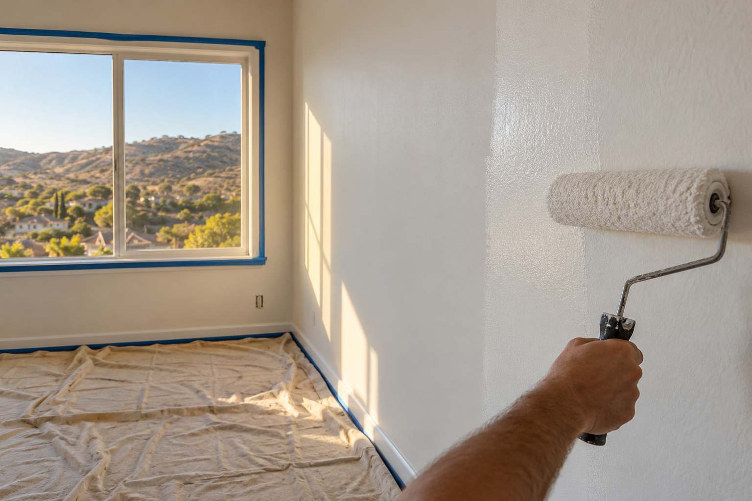 A paint roller putting white paint on a smooth drywall wall