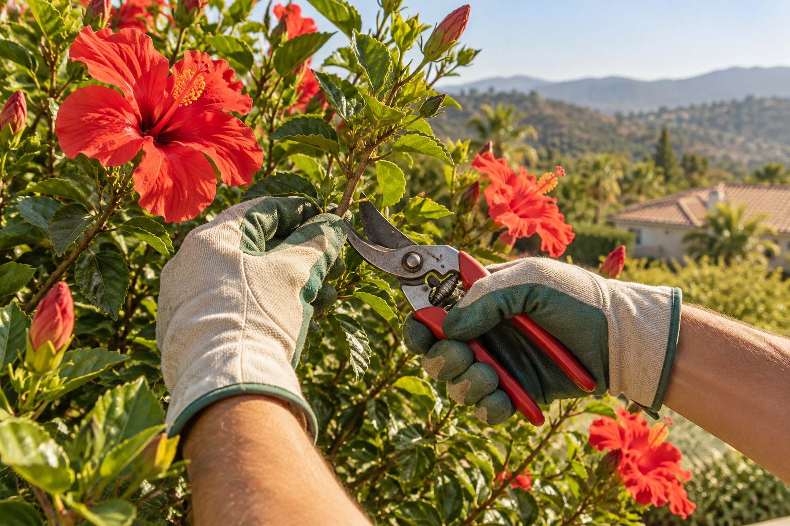 Gloved hands trimming a red-flowering hibiscus with bypass pruners