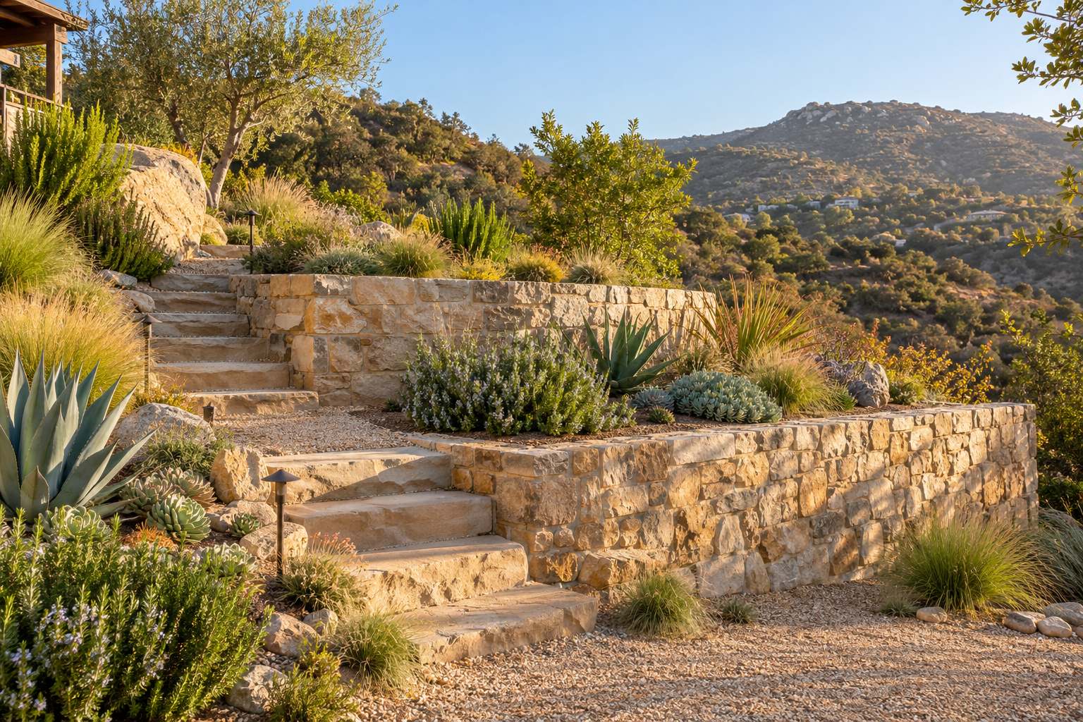 Terraced stone retaining walls and steps planted with succulents and grasses