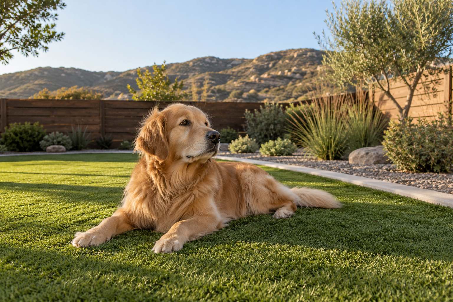 Golden retriever lying on an artificial turf lawn bordered by a concrete mow strip