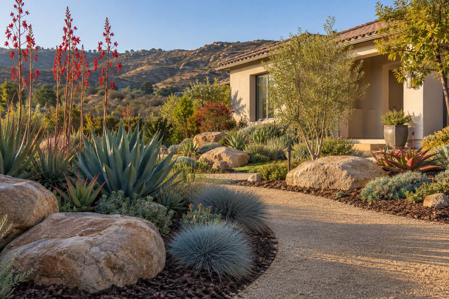 Drought-tolerant front garden with boulders, agaves and a decomposed granite path